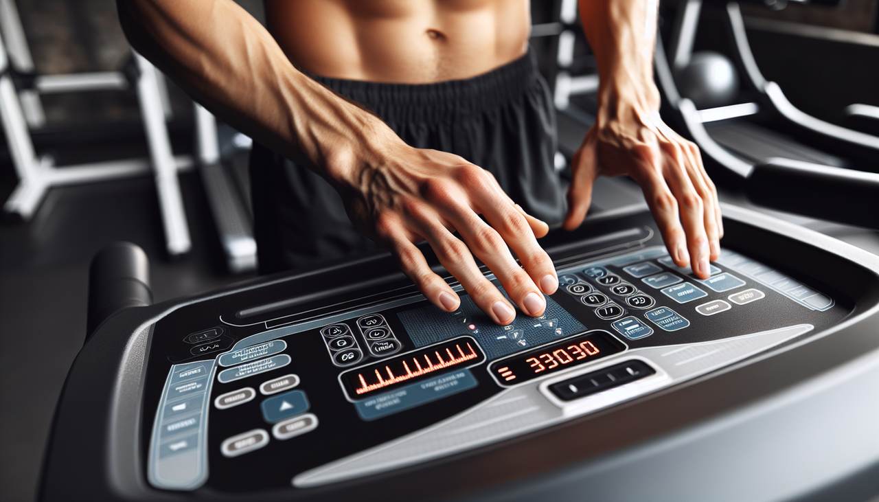 אדם מכוון הגדרות מהירות על לוח בקרה של הליכון ביתי