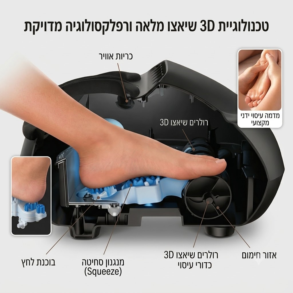 מפרט של מכשיר עיסוי רפלקסולוגי 3D לכפות הרגליים בשיטת שיאצו עמוק מבית CARBON
