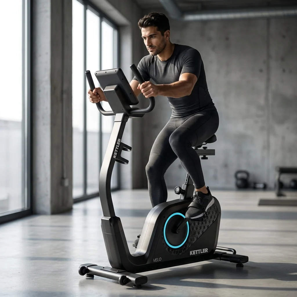 בחור עם אופני כושר מקצועיים KETTLER VELO PRO Premium Recumbent Bike