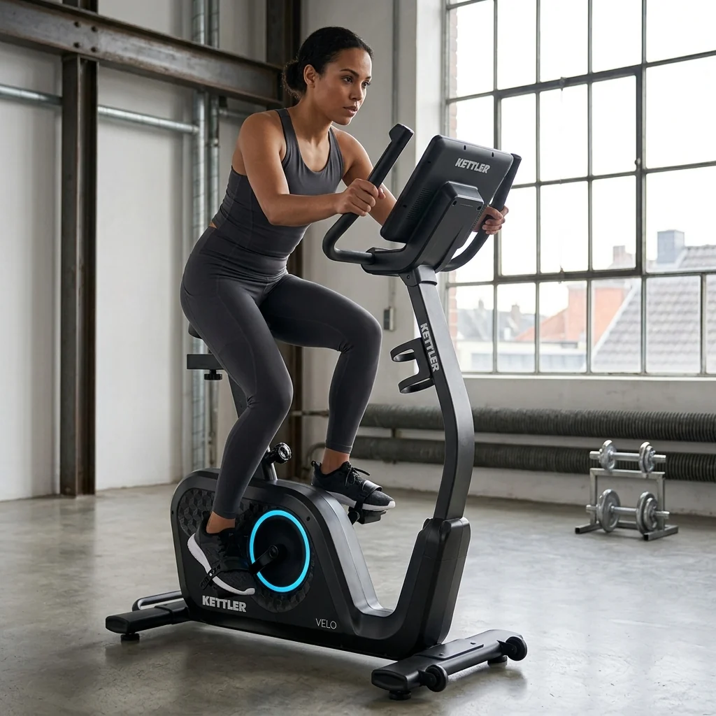 בחורה עם אופני כושר מקצועיים KETTLER VELO PRO Premium Recumbent Bike