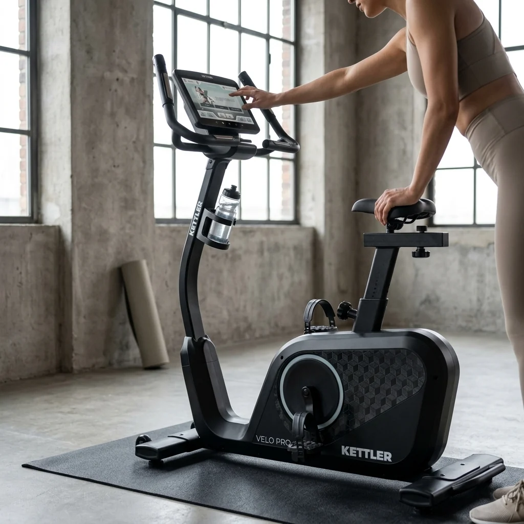 בחורה עם אופני כושר עם מסך 15.6 אינץ' מקצועיים KETTLER VELO PRO Premium Recumbent Bike