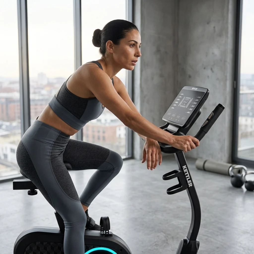 מתאמנת עם אופני כושר מקצועיים KETTLER VELO PRO Premium Recumbent Bike